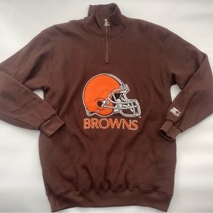 NFL Starter Brown Waffle Knit 1/4 Zip Cleveland Browns Patch Embroidered Sweater